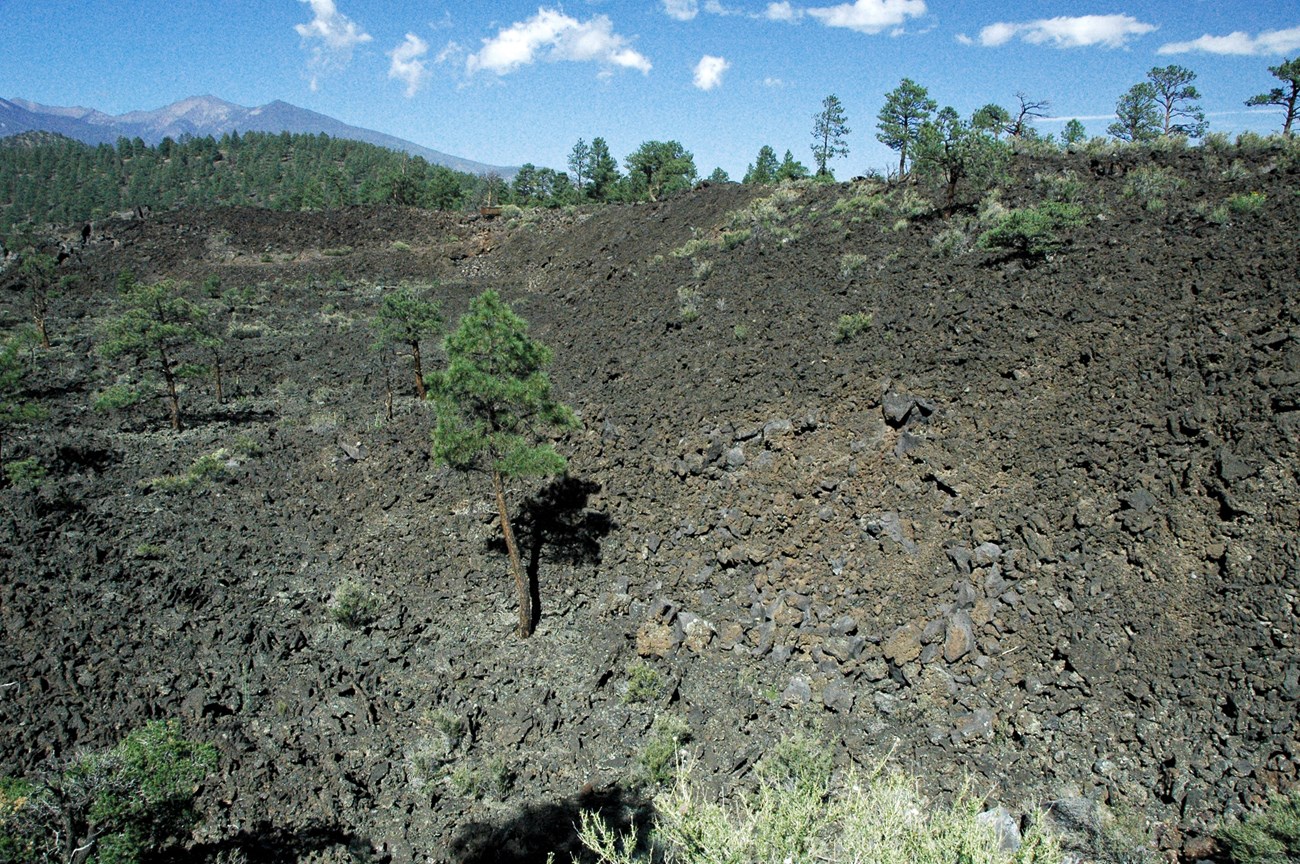 Photo of a volcanic landscape covered with rough and rubbly lava rock.