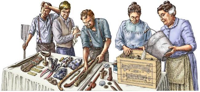 Illustration of the Cushing Expedition packing artifacts for transport