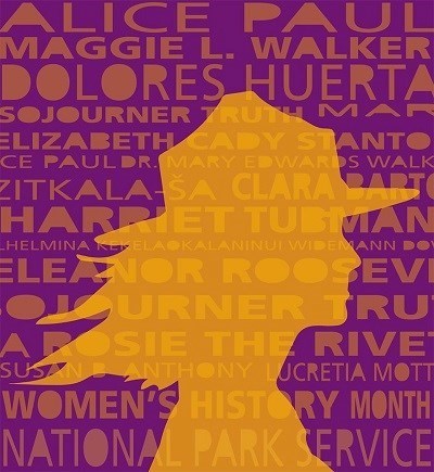 FW4 Women's History Month graphic. Yellow profile silhouette with long hair blown gently as if by wind wearing Park Ranger hat. Names of famous women in American history and women's rights movements overlaid in block text on profile & purple background