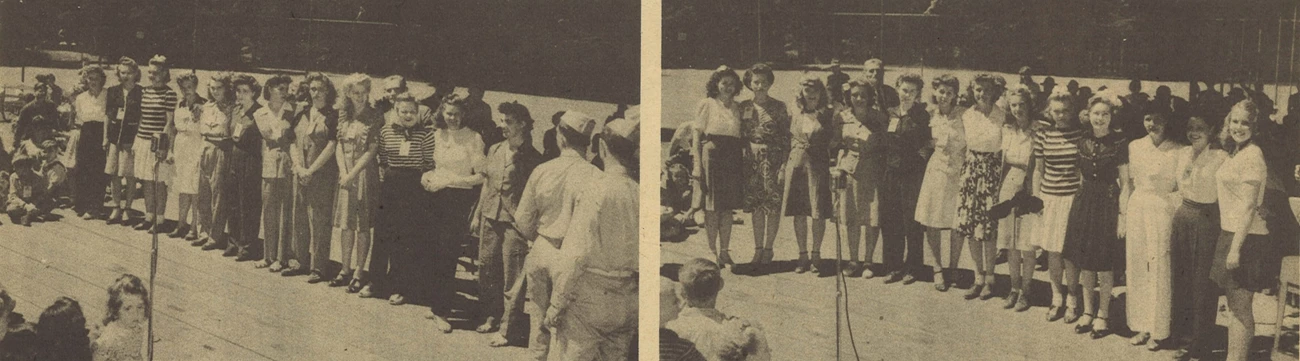 4.005BosnWhistle Two photographs of groups of women attending a Kaiser Shipyard picnic. The women stand on a stage surrounded by an audience for a beauty contest.