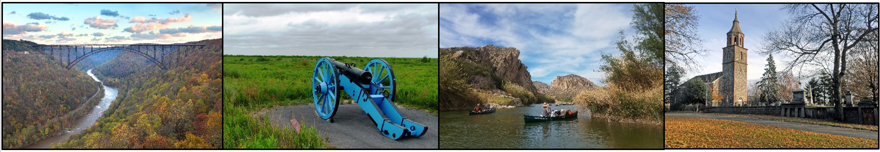 Row of photos including an arched bridge over a river gorge; a 19th-century cannon; canoers on a river; and a historic church