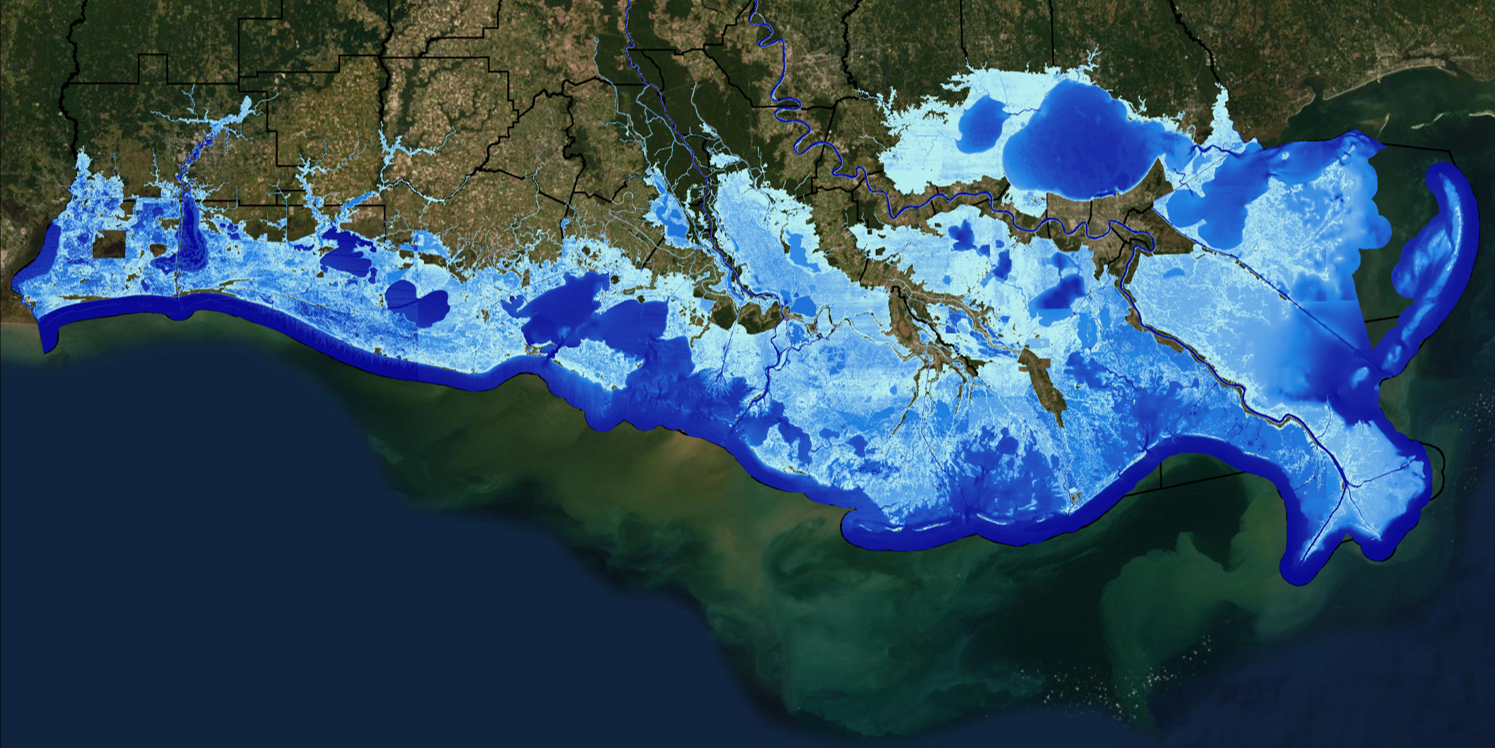 Sea level rise, NOAA Office of Coastal Management, A map showing projected sea level rise of ten feet on Louisiana's coast.
