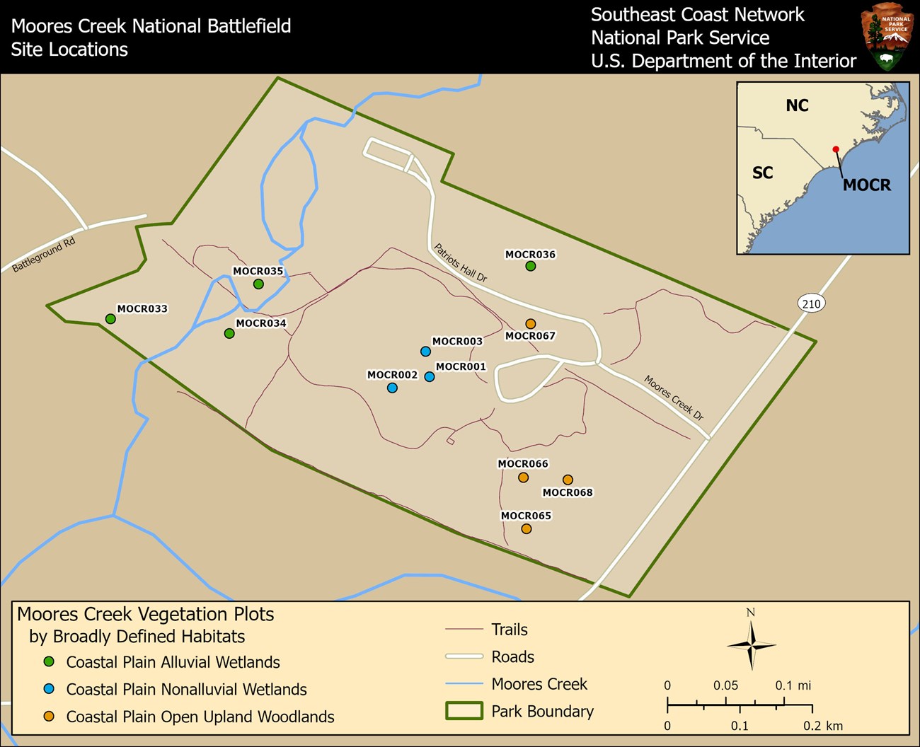 Map of the park with colored dots designating the plots