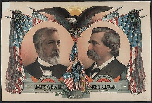 Presidential Campaign Card with side by side images of James Blaine and John Logan
