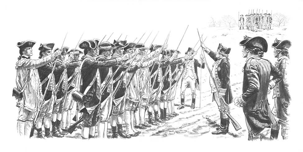 Maj. Gen. Friedrich Wilhelm von Steuben drilling troops of the Continental Army at Valley Forge. General Steuben stressed bayonet drill as depicted in the illustration showing Continental soldiers fixing their bayonets.