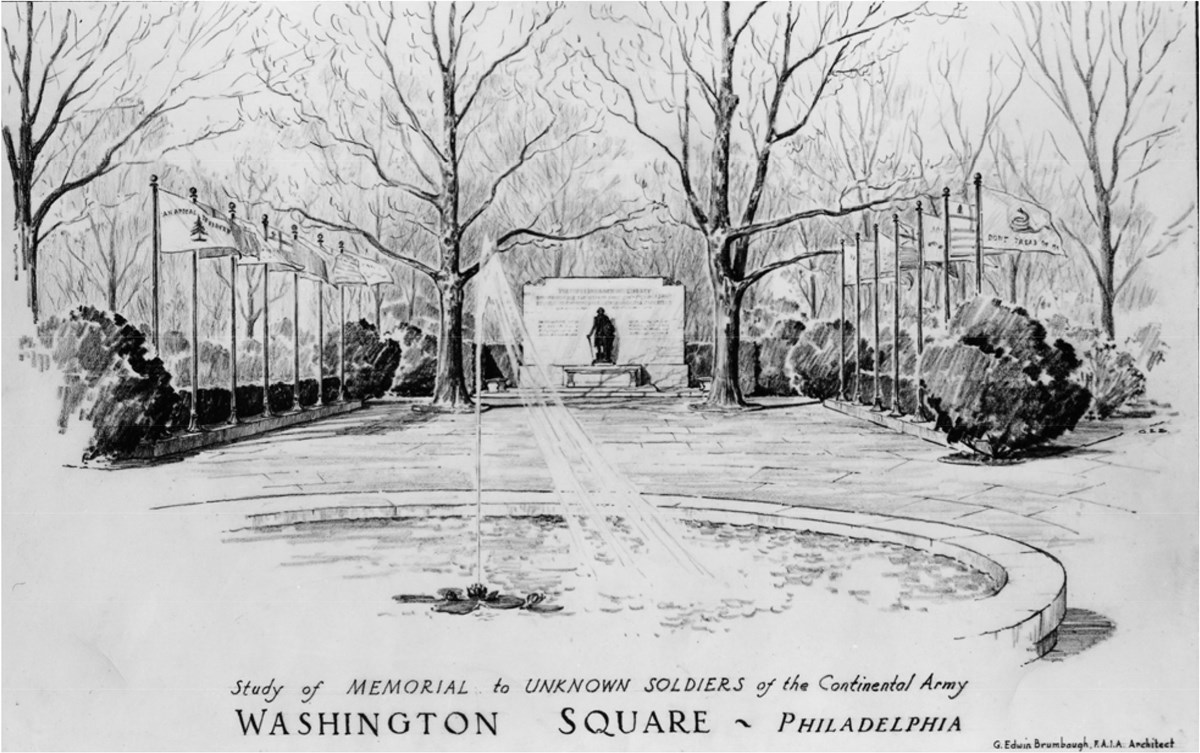 Illustration: A fountain, flags at both sides of a walkway, and monument in a black and white.