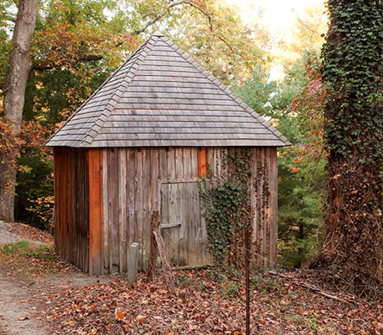 5 spring house image A small wooden shed with a wooden door and wood shingles sits at the edge of a wooded area.