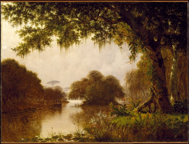 Oil painting of a swamp landscape with a tree in the foreground and water in the background.