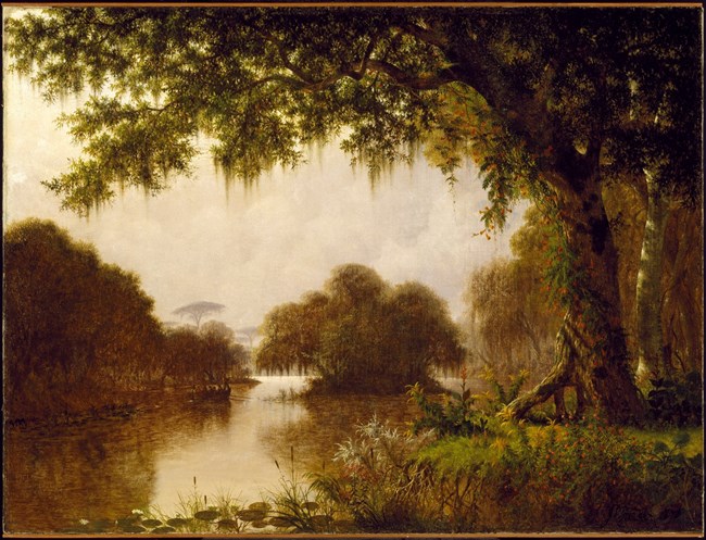 The Acadians in the Achafalaya, "Evangeline" Oil painting of a swamp landscape with a tree in the foreground and water in the background.