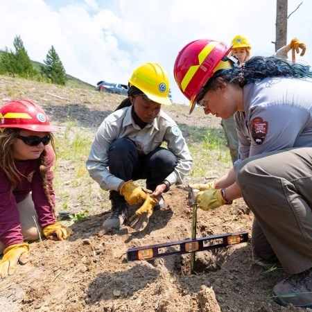 a group of young adults installing a post into the ground