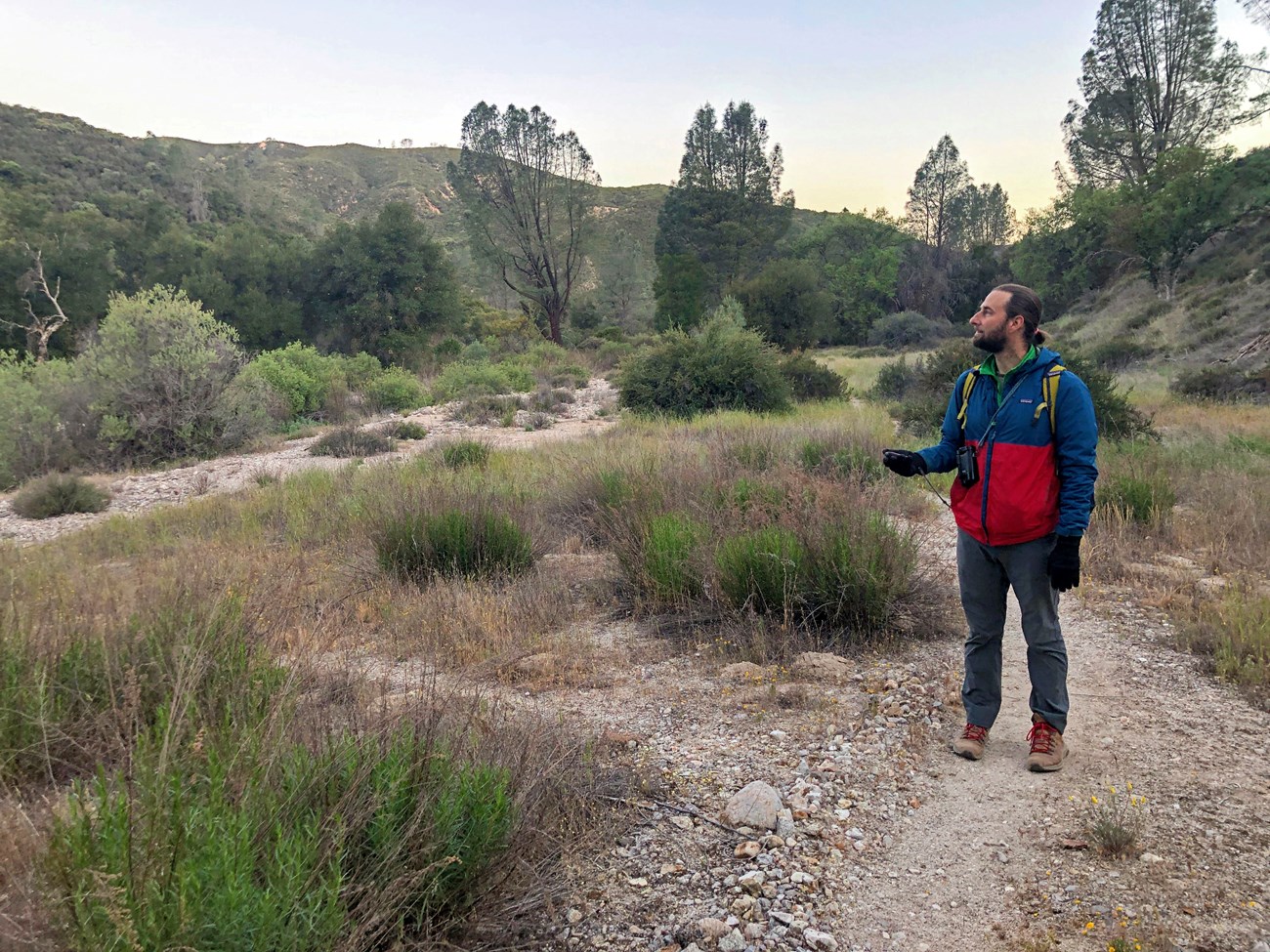 Person pauses on a trail beside a dry creek bed to get a reading from his hand-held GPS device.