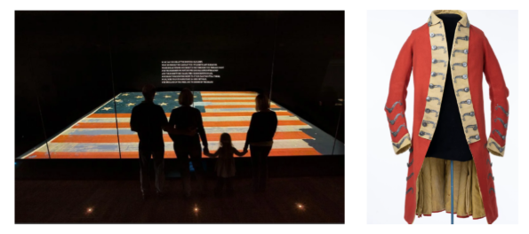 Two photos side by side. One is of a family looking at a large American flag. Second is a British Red Coat.