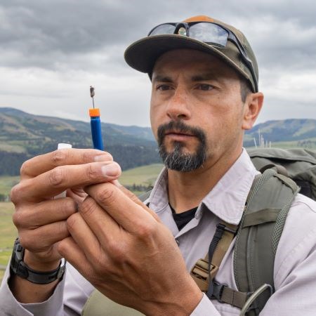 a person holding up a tiny dart that contains a small sample of bison skin