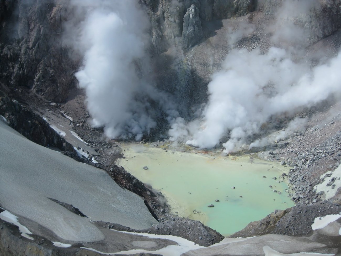 volcanic crater lake and fumaroles