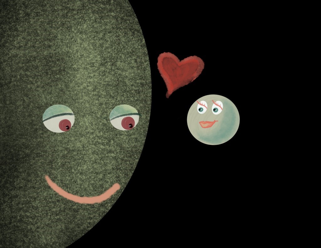KGardiner_EarthMoonRomance_5 The Earth and the Moon smile at each other as they fall in love.