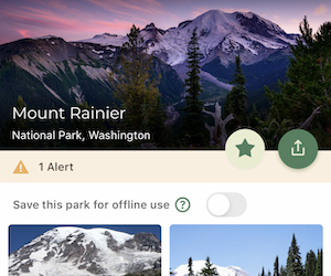 Screen capture of the NPS app showing a purple sunset on Mount Rainier.