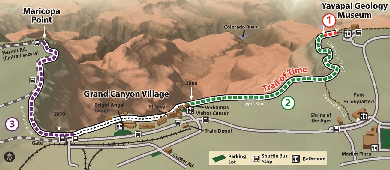 Illustration map of the Trail of Time on the Grand Canyon's south rim.