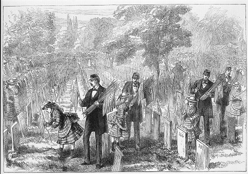 Engraving of soldiers, civilians, and young women placing flags on veterans' graves