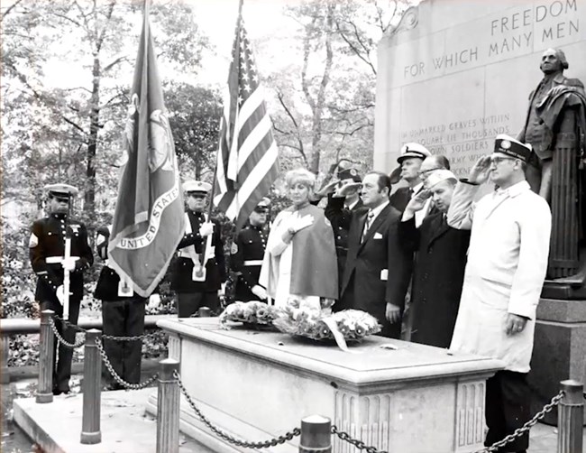 An undated wreath laying ceremony at the Tomb of the Unknown Solider of the Revolutionary War with a US Marine Corps honor guard.
