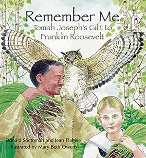 A book illustration of an elder man and young boy gathering reeds. An owl looks over from behind them.