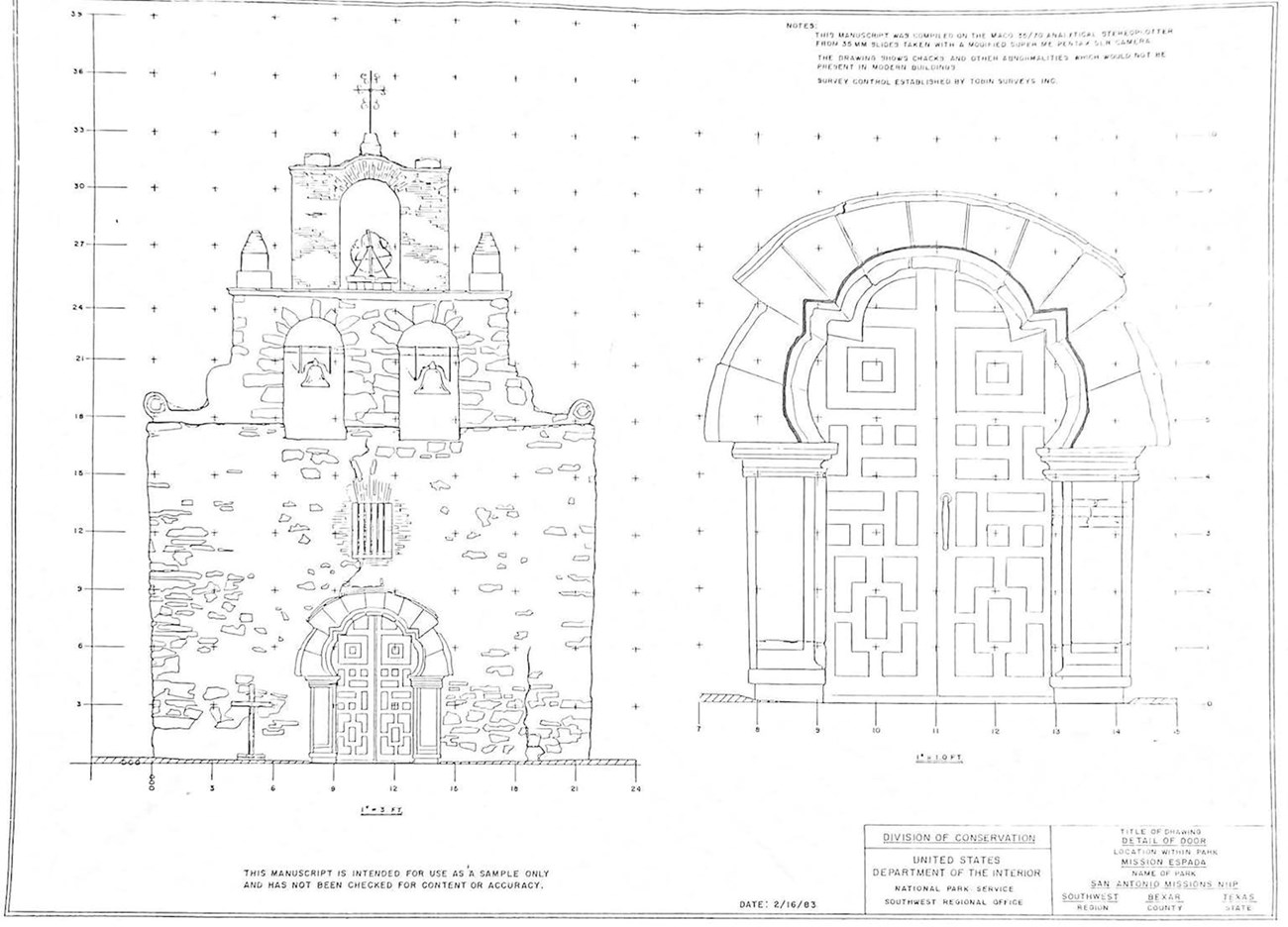 Architectural drawing of the facade of Mission Espada