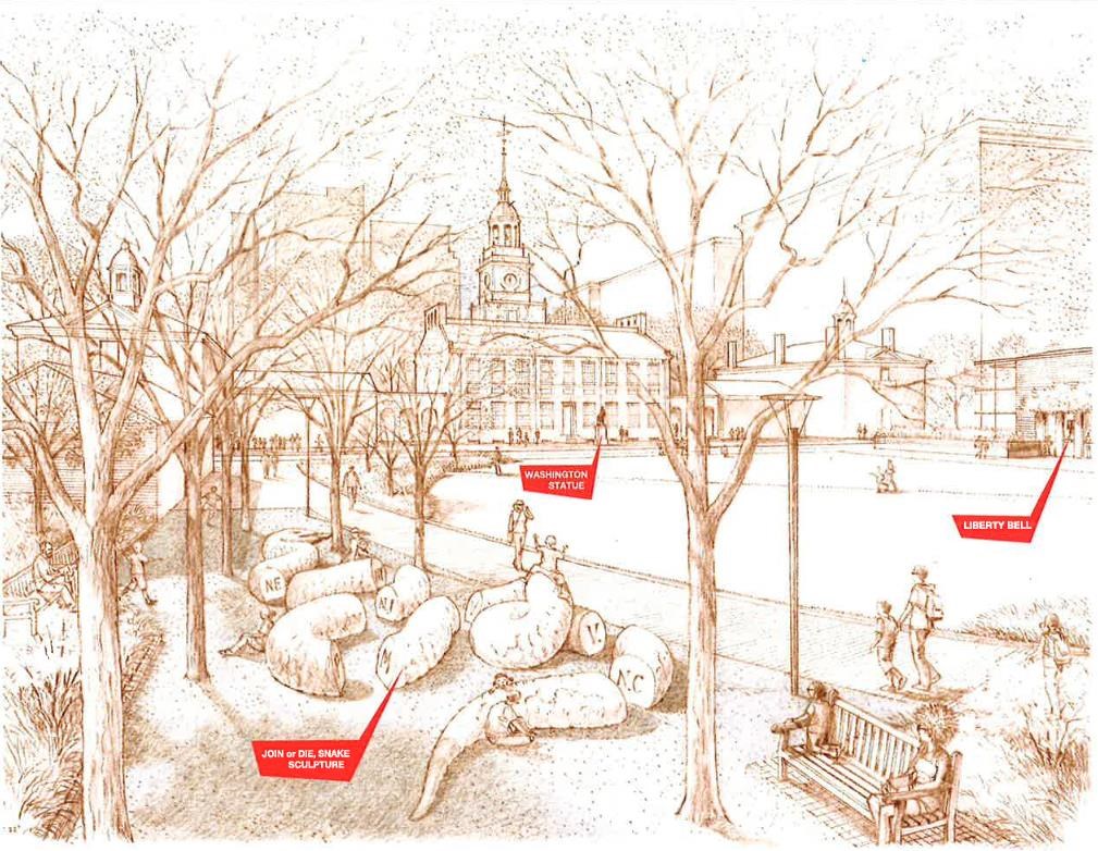 Sketch of a sculpture of a snake that is cut into nine pieces. Children are playing on the sculpture, and Independence Hall is in the background.