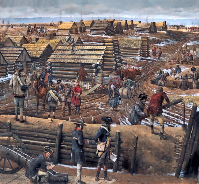 Artist's interpretation of the Continental Army's 1777-1778 winter encampment at Valley Forge, Pennsylvania. Gen. Friedrich von Steuben is shown training and drilling troops in the upper right portion of the illustration.