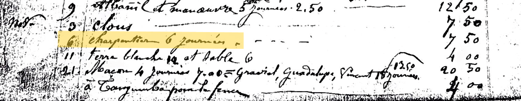 A photo of a ledger from 1867 with highlighted section to show 6 carpenters paid
