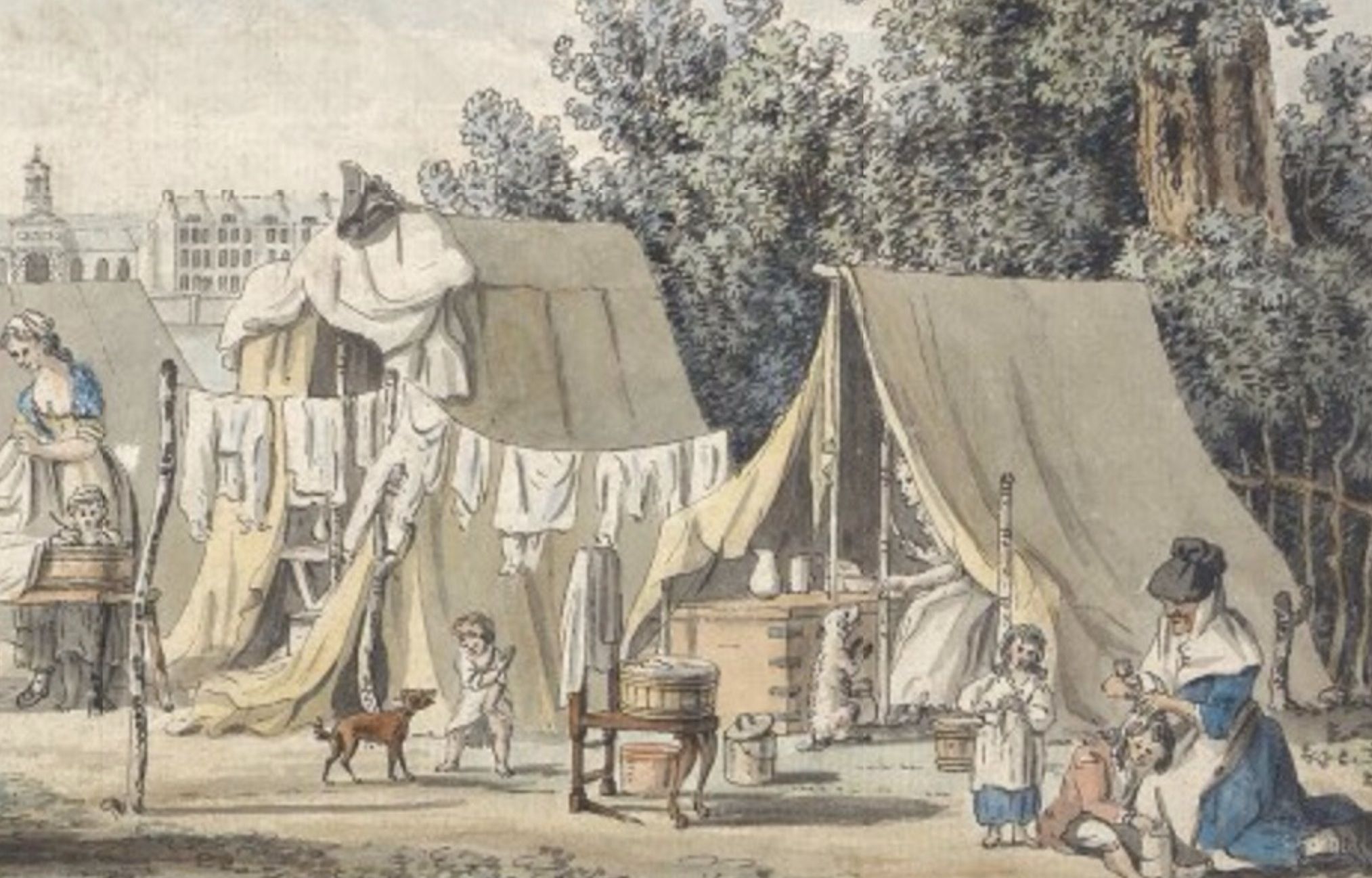 British military encampment circa 1785. A busy camp with multiple people moving between rows of canvas tents. Laundry lines are strung between tents.