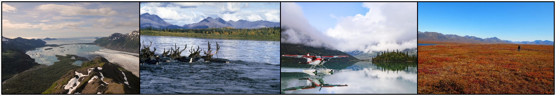 Row of photos including a glacier melting into the ocean; caribou crossing a river; float plane on a river; and a hiker in a prairie