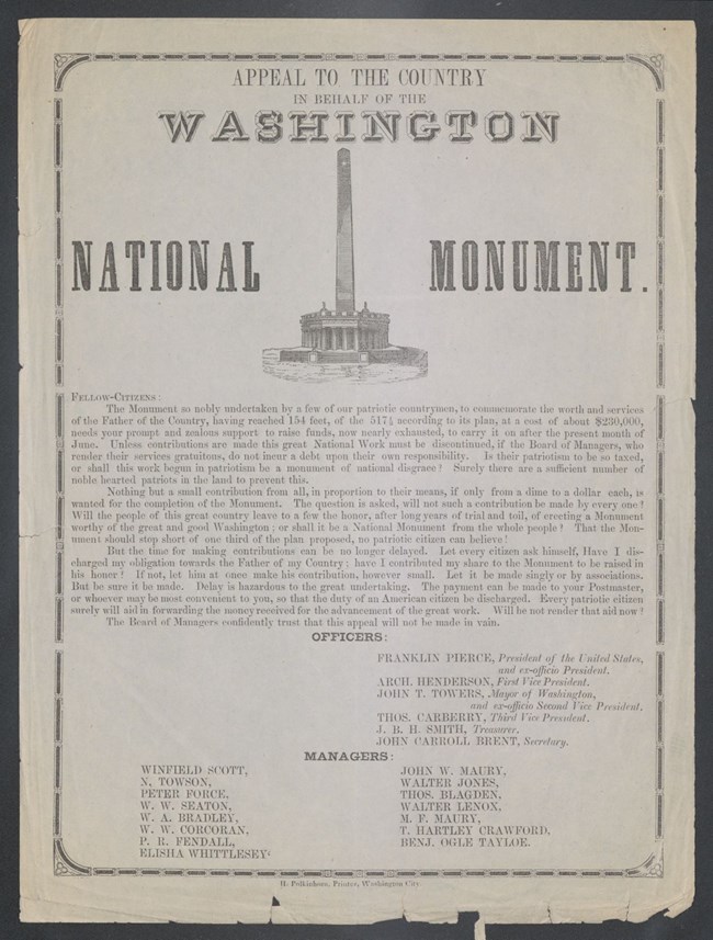 7_WashingtonMonumentFundingAppeal Fundraising appeal sent out by the Washington National Monument Society to Americans in approximately 1854, titled "Appeal to the Country in behalf of the Washington National Monument."