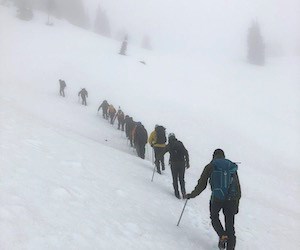 A line of hikers on a snow-covered slope on a foggy, snowy day.