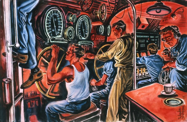 Colorful painting depicting submariners working in the control room, with one person climbing up a ladder to the conning tower.