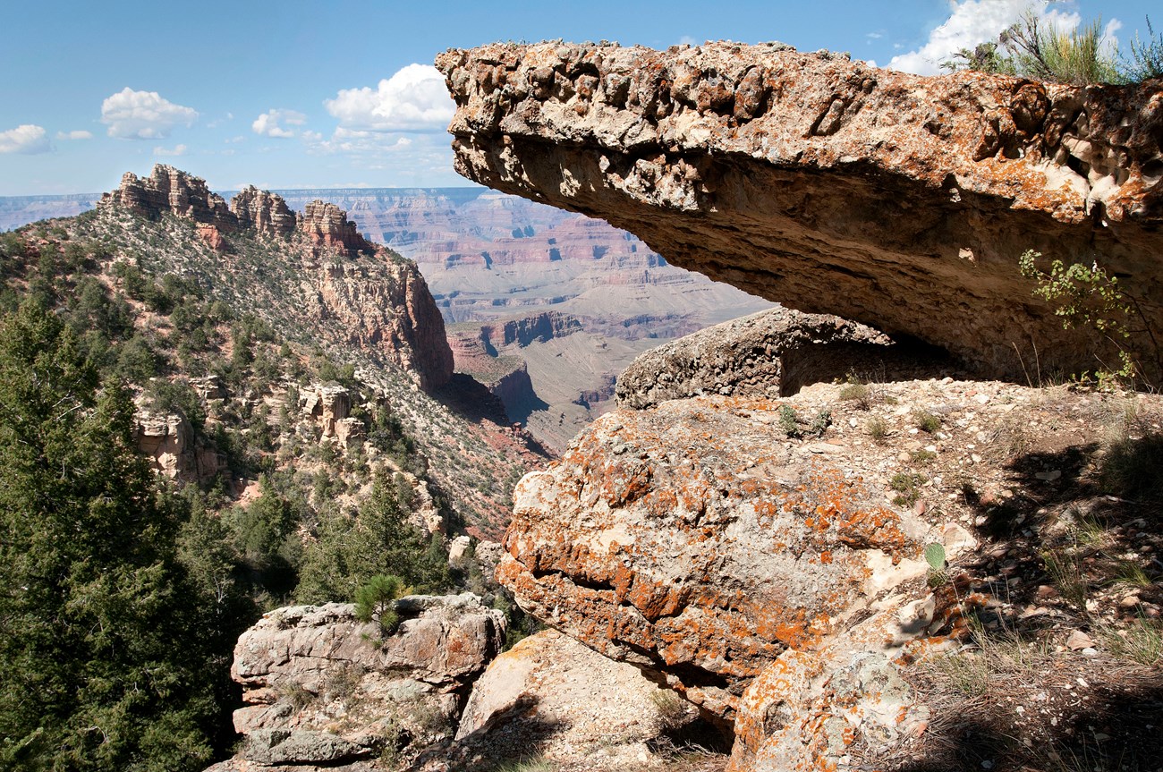 Photo of layered rock with cliffs and canyons in the distance.