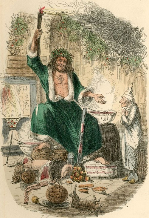 Etching of Scrooge in the presence of Christmas Present, portrayed as a large man with robe and wreath on his head.