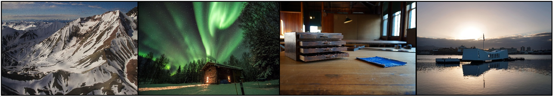 Row of photos including a moutain range; northern lights over a cabin; drafting desk; and memorial structure in the ocean