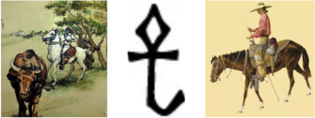 Three separate illustrations depicting cattle, cattle brands, and a man on a horse.
