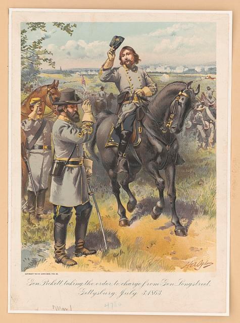 A full color print on paper depicts General Pickett on horseback tipping his hat as he accepts the order to charge from General Longstreet. The two men are attired in double-breasted grey wool uniforms with gold trim, tan gloves, and black boots. Pickett’
