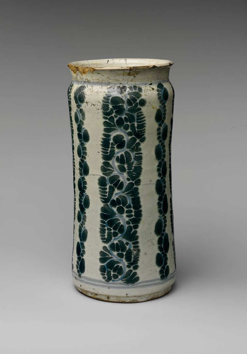Mexican apothecary Jar Small white apothecary jar with green scroll pattern. Circa 1800 from Mexico.