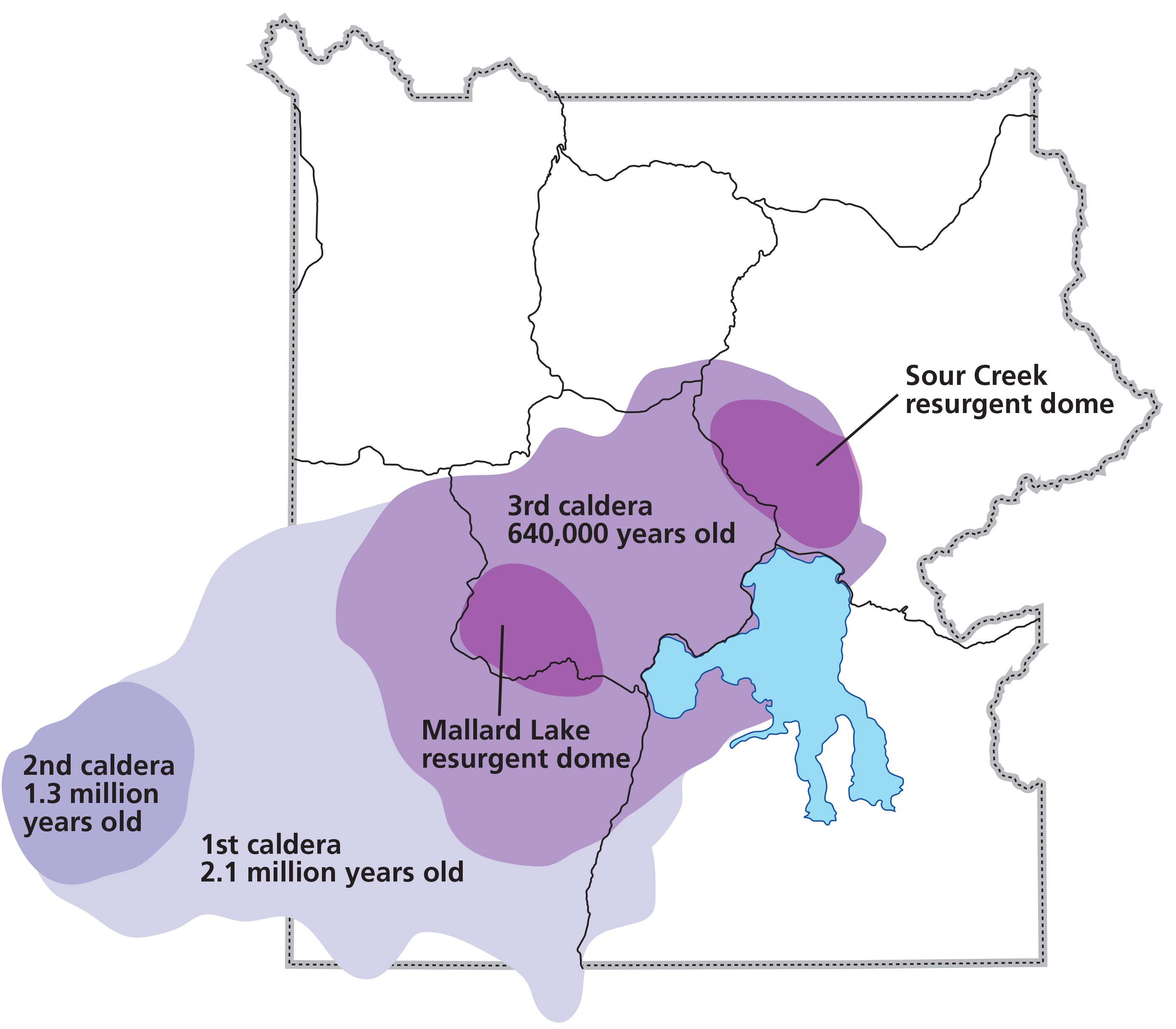 map of yellowstone showing the locaton of three calderas