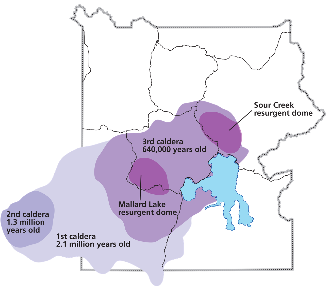 map of yellowstone showing the locaton of three calderas