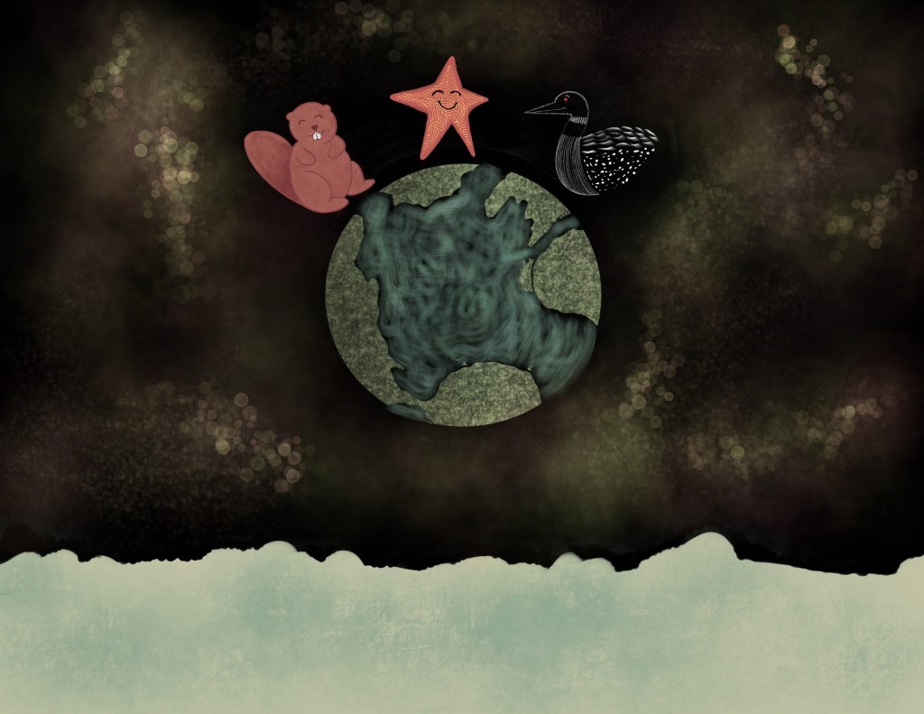 KGardiner_EarthMoonRomance_9 View from the Moon of a smiling beaver, sea star, and loon on the Earth’s surface.