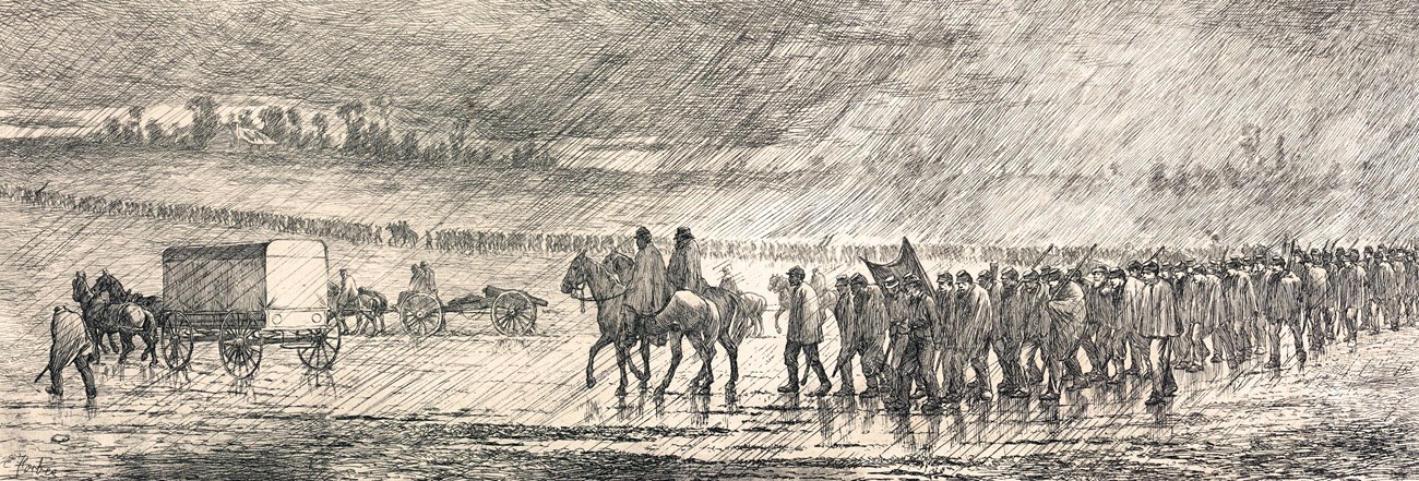An etching of Civil War soldiers marching across an open field in the rain and wind.