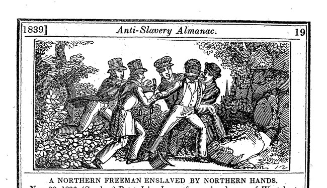 Political cartoon showing four white men in suits wrestling a Black man to the ground. The white men have tied the Black man's arms behind his back and placed a gag in his mouth.