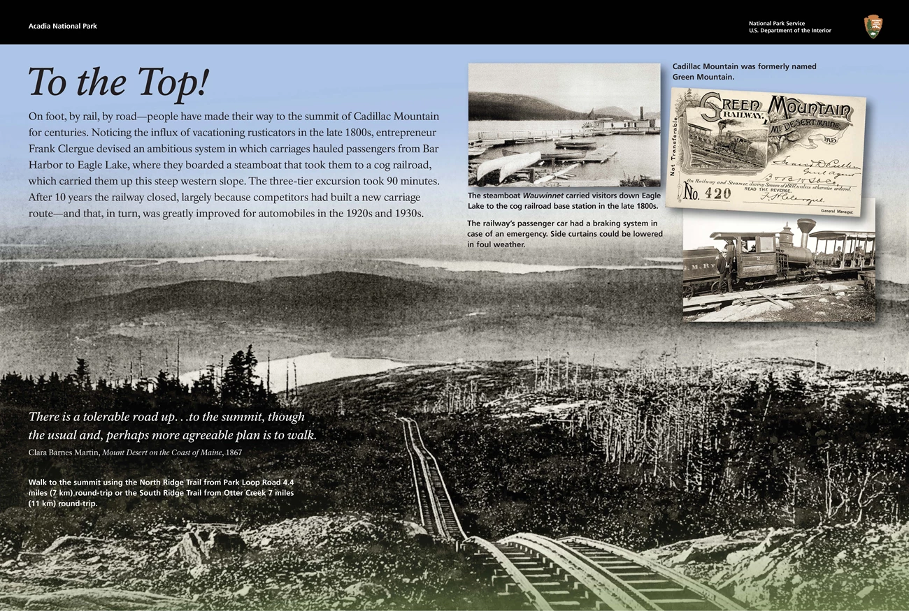 Wayside depicting early transportation and development on Cadillac Mountain Wayside depicting early transportation and development on Cadillac Mountain