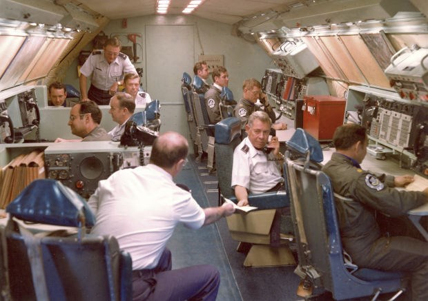 Men in Air Force uniforms sitting at desks in a long narrow space, working with phones and computer equipment