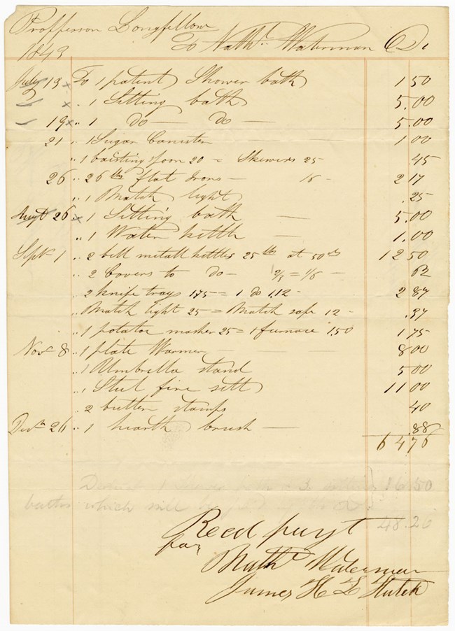Appleton Family Papers Handwritten receipt crediting Nathaniel Waterman from Professor Longfellow in 1843 totaling $64.70