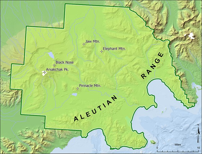 A map of Aniakchak and location of glaciers.