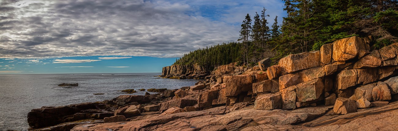 Landscape photograph of ocean coastline with rocky shoreline and trees on the right, open water to the left, and billowing clouds in the distance.