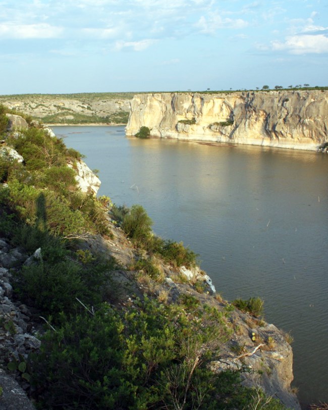Amistad National Recreation Area Cactus and shrubs on the side of a cliff with a wide river along it.